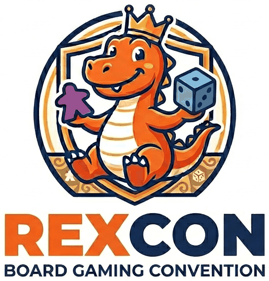 RexCon: a crowned orange dinosaur holding a meeple and a dice